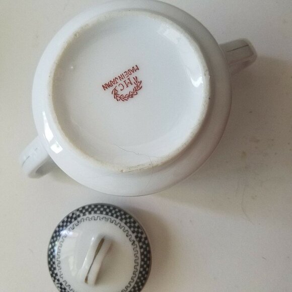 Sugar Bowl MC Made in Japan White Black Checkerboard pattern Gold Trim Handles - Picture 2 of 12